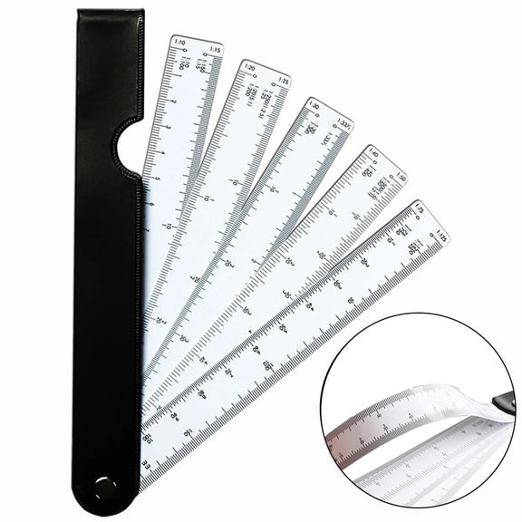 Fan Shape Scale Ruler with 5 Blades, Multifunctional Foldable Engineering Ruler for Fashion Design, Furniture & Interior Art, Plastic Triangular Measuring Tool with Leather Case