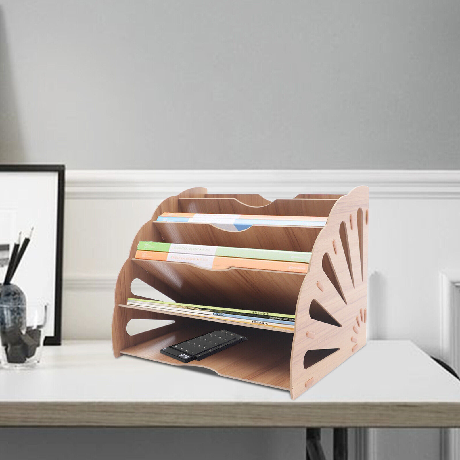 FanShaped File Folder Holder Wood Organizer 5 Compartment Desk Wall