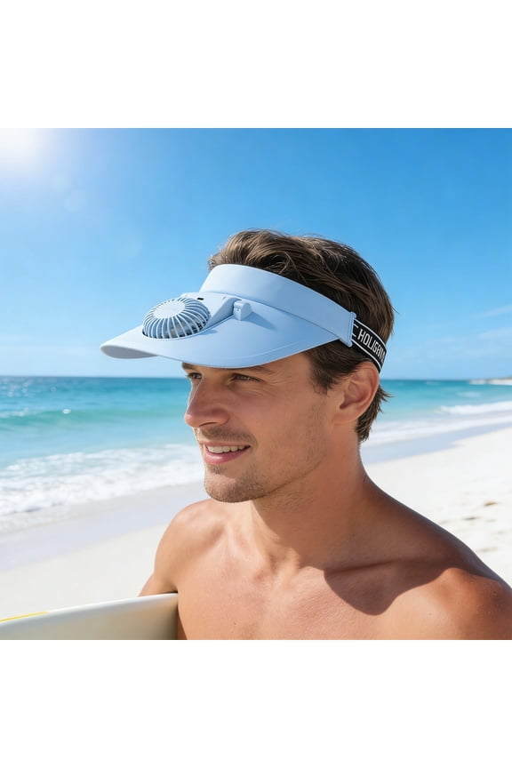 Fan-Shaped Hat With Stickers, Rvkxad Extended Solar Rechargeable Built-In Fan Hat, 360° Rotating Fan Head USB Type-C Cooling Cap for Outdoor Hiking Fishing, Blue
