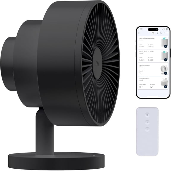 Fan - Ultra-Quiet 2-in-1 Air Circulator with Remote - 5-Speed Compact Cooling Fan - Whisper-Quiet - App Compatible - Black