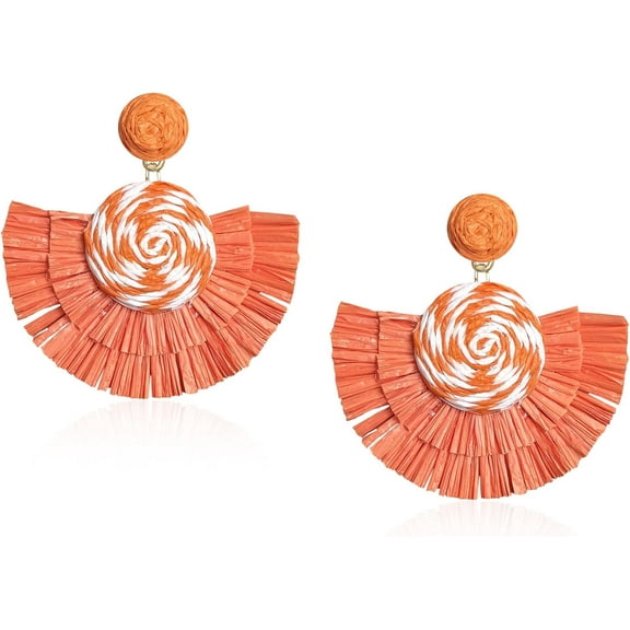 Fan-shaped Raffia Earrings Handmade Rattan Fringe Tassel Lightweight Straw Wicker Dangle Drop Earrings Bohemian Jewelry
