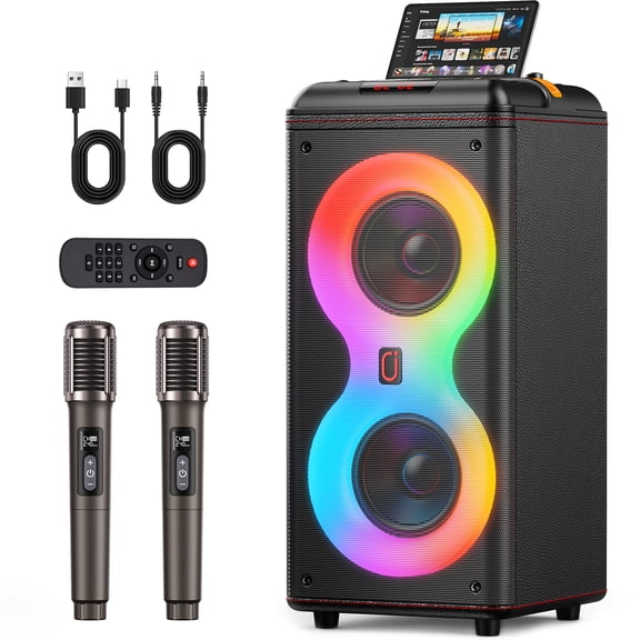 JYX Party Speaker, Portable Outdoor Bluetooth Speaker with 2 Microphones, Led Lighting, Retro Leather Deep Bass PA System for Singing, T39