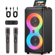 JYX Party Speaker, Portable Outdoor Bluetooth Speaker with 2 Microphones, Led Lighting, Retro Leather Deep Bass PA System for Singing, T39