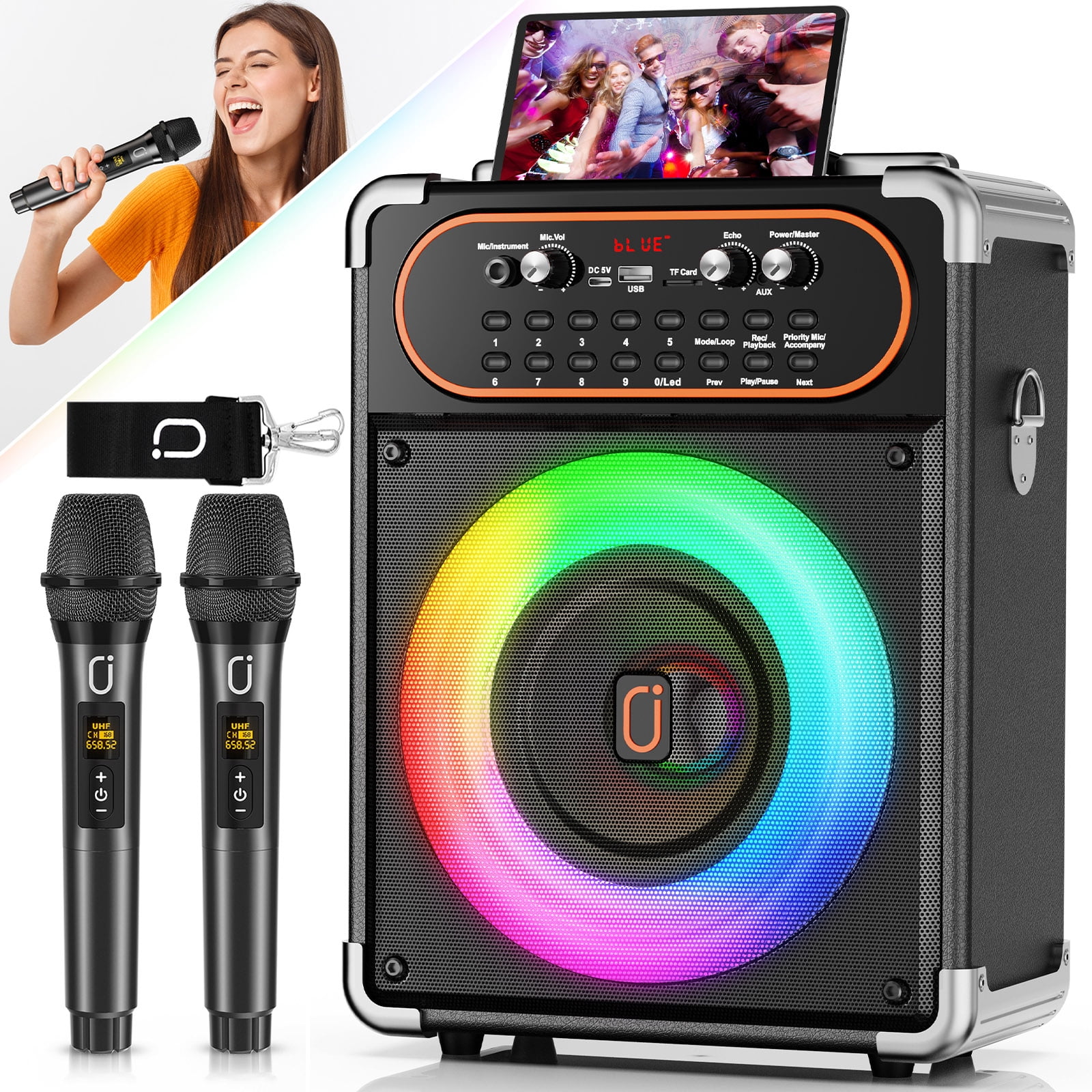 FanFun Karaoke Machine, Portable Bluetooth Speaker with 2 Microphones, Speaker System with DJ Lights, Recording, Strap, Reverb Adjustment, S68