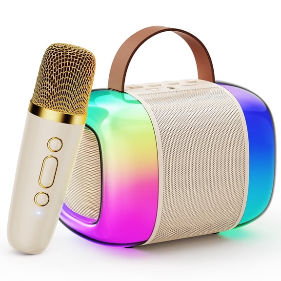 FanFun Karaoke Machine with Colorful LED Lights for Adults Kids, Bluetooth 5.3 Portable Karaoke Speaker with Wireless Mic for Party, Ideal Gifts for Girls/ Boys, D33 (Beige-1MIC)