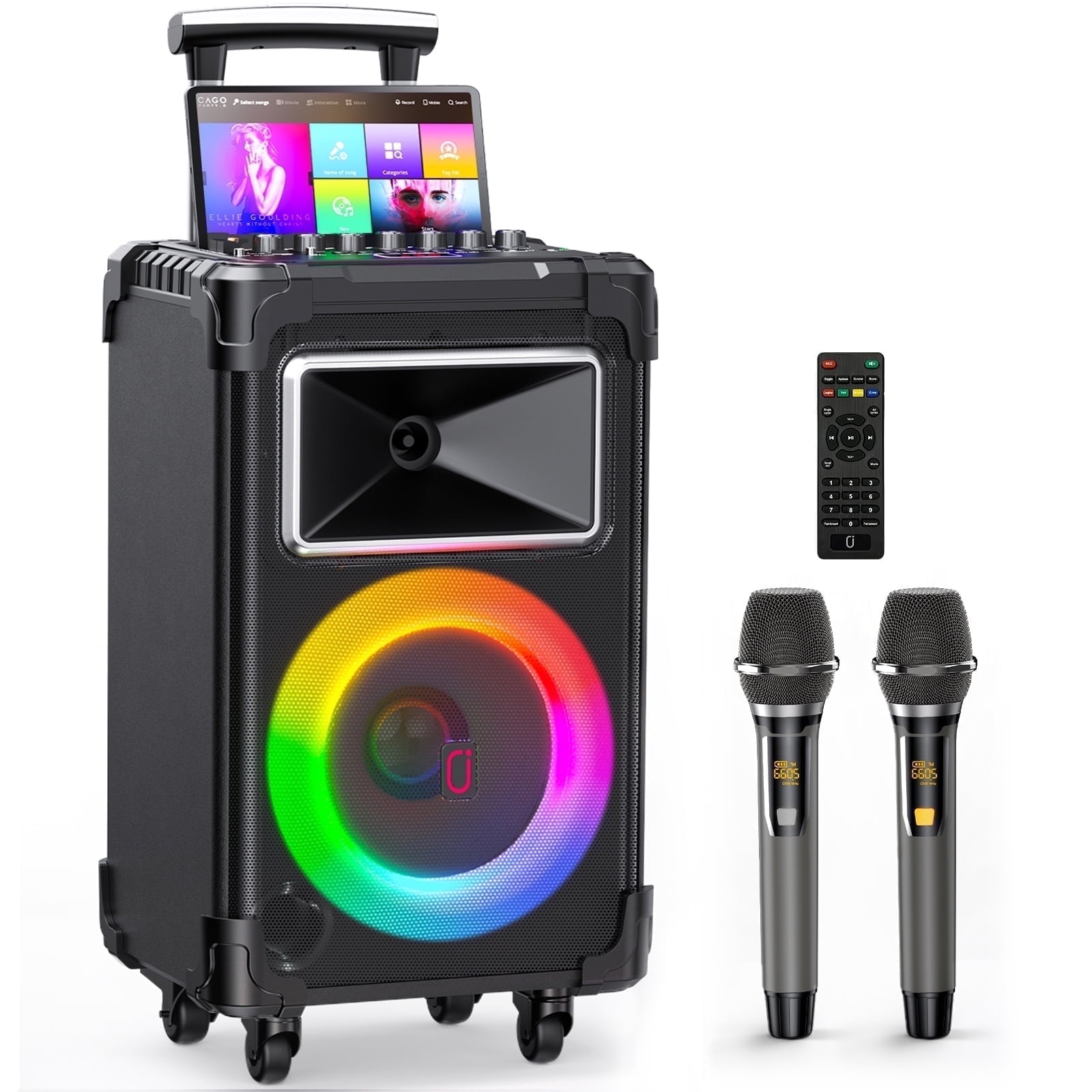 FanFun Large Bluetooth Speaker, Large Party Speaker with DJ Lights, USB, Wireless Mics, Wheels, Trolley Bar, Portable Wireless Outdoor DJ Speaker, Graduation Gift, AN20