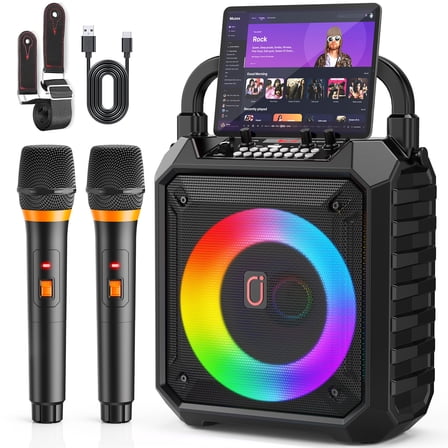 FanFun Bluetooth Speaker with 2 Mics, 20W Powerful Stereo Sound Party Speaker with DJ Lights, Hands, Shoulder Straps