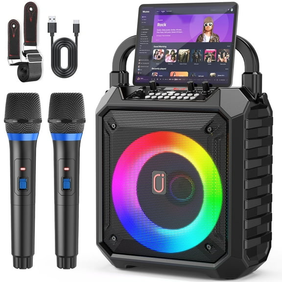 FanFun Bluetooth Speaker with 2 Mics, 20W Powerful Stereo Sound Party Speaker with DJ Lights, Hands, Shoulder Straps