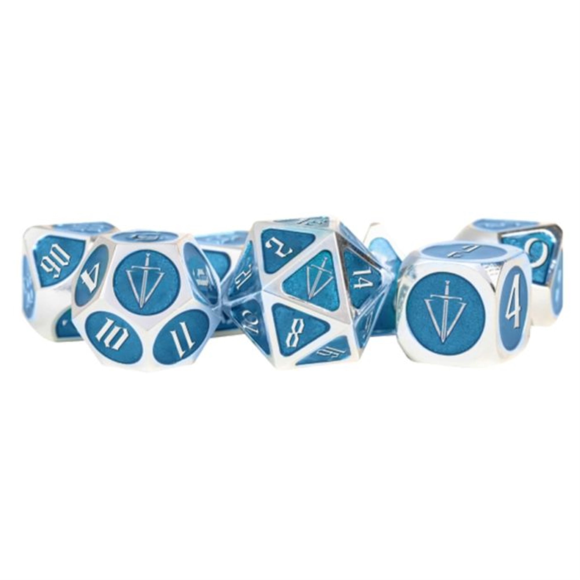 FanRoll/Metallic Dice Games Poly Set Tales of the Valiant Silver w/Light Blue (7) New