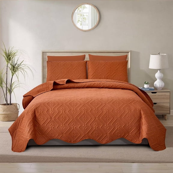 FanciHommie 3-Piece Coverlet with 2 Pillowcases Luxe Wave-Hem Diamond Quilted Coverlet Set Twin Size Caramel