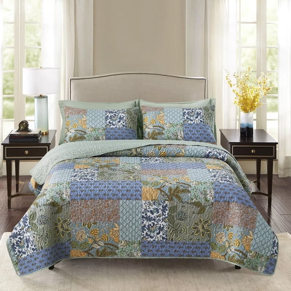 FanciHommie 3-Piece Queen Size Bedspread with Pillowcases,Artistic Blue Patchwork Quilted Coverlet Set