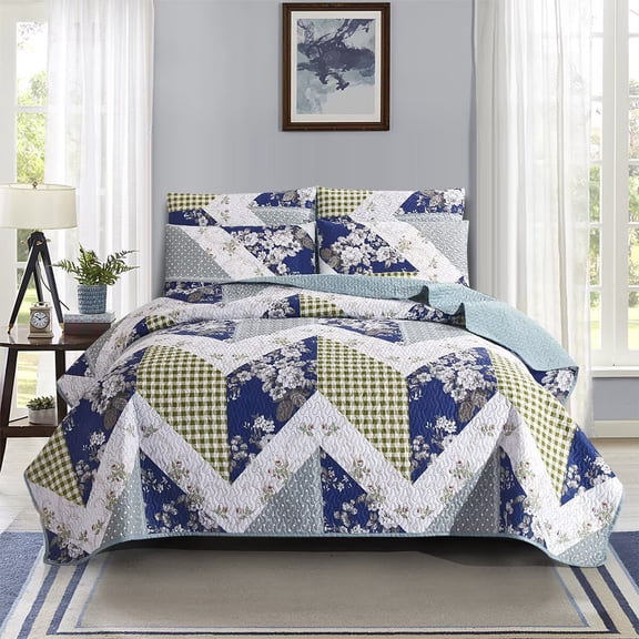 FanciHommie 3-Piece Queen Size Coverlet with 2 Pillowcase Blue Floral & Green Check Geometric Patchwork Quilted Bedspread Set
