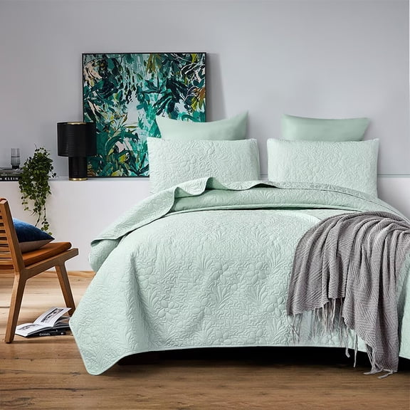 FanciHommie Bloom Pattern Quilted Coverlet 3-Piece Set with 2 Pillowcase Wrinkle-Resistant, Perfect for Master or Guest Room, Mint Green Twin Size