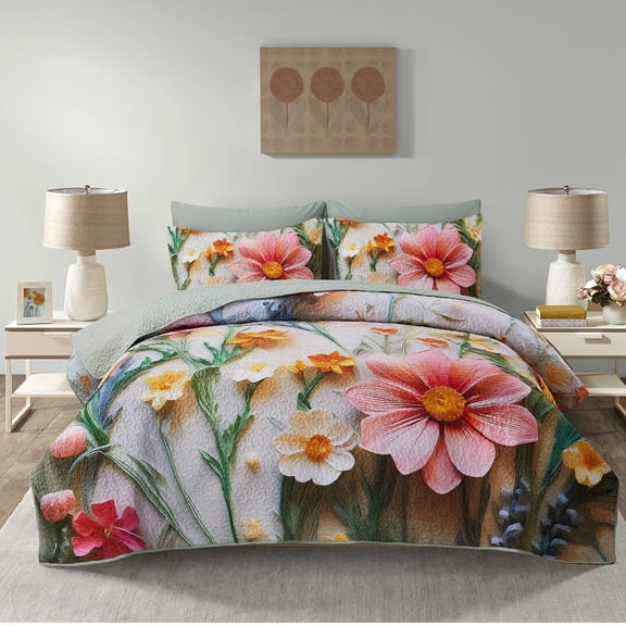 FanciHommie Colorful Floral Quilted Bedspread Ensemble, 1 Bedspread & 2 Matching Shams, Cheerful Bloom Pattern, Full Size