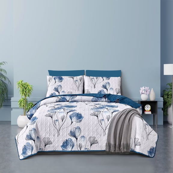 FanciHommie Fresh and Airy White & Blue Bedding Set, Twin Size Floral Bedspread Ensemble, Wrinkle-Resistant and Easy Care for Everyday Use