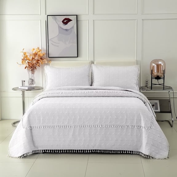 FanciHommie Modern Farmhouse Tassel Trim Bedspread 3 Piece Set, Cozy Plaid Pattern King Size Coverlet Set with 2 Pillowcase White