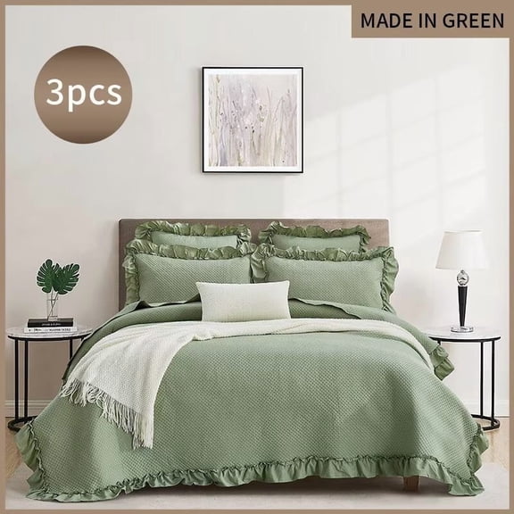 FanciHommie Washed Cotton Ruffle Trim Quilted Bedspread Set, 3-Piece Coverlet with 2 Pillowcases Queen Size Green