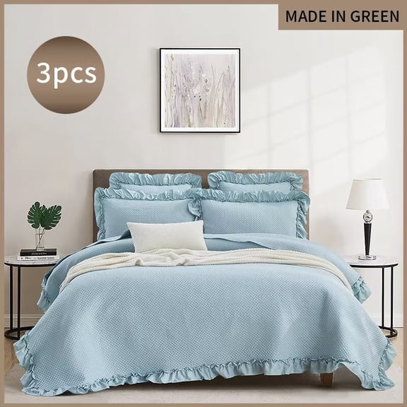 FanciHommie Washed Cotton Ruffle Trim Quilted Bedspread Set, 3-Piece Coverlet with 2 Pillowcases Queen Size Sky Blue