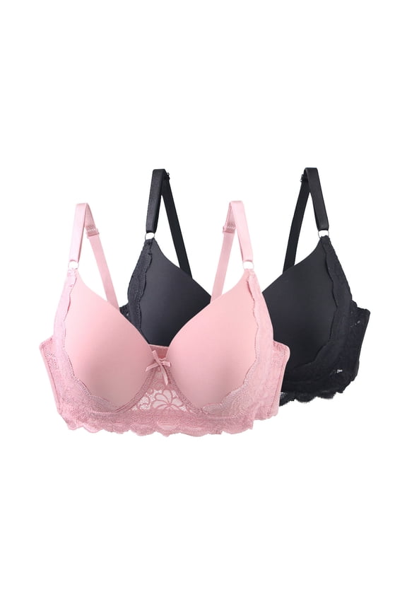 2 PC Bras for Women Full Coverage Underwire Bras Plus Size Push Up Lace Bralettes Seamless Comfort T-Shirt Bra Underwear