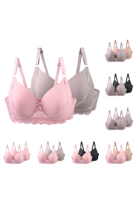 2 PC Bras for Women Full Coverage Underwire Bras Plus Size Push Up Lace Bralettes Seamless Comfort T-Shirt Bra Underwear