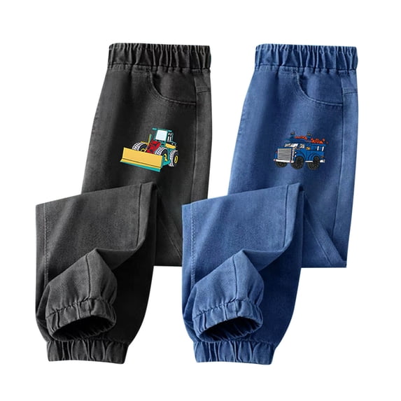 Fancifize 2 Pack Baby & Little Boys Elastic Waist Pocket Jeans Toddlers Kids Stretch Denim Pants Truck Printed Casual Jean 3-12Y