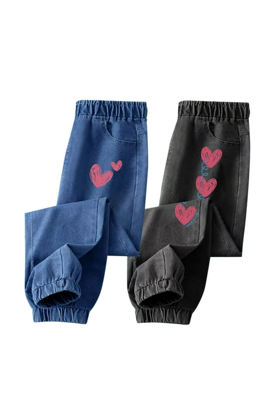 2 Pack Baby & Little Girls Elastic Waist Pocket Jeans Toddlers Kids Stretch Denim Pants Truck Printed Casual Jean 3-12Y