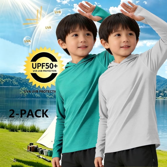 Fancifize 2 Pack Boys Sun Protection Hoodies Boy's UPF 50+ Long Sleeve Rash Guard Hooded Tshirts for Outdoor Fishing Camping 5-15 Years