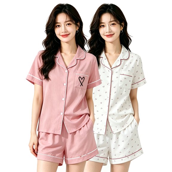 Fancifize 2 Pack Pajama Sets for Women Casual Two Piece Short Sleeve Lounge Set Button Down Loungewear