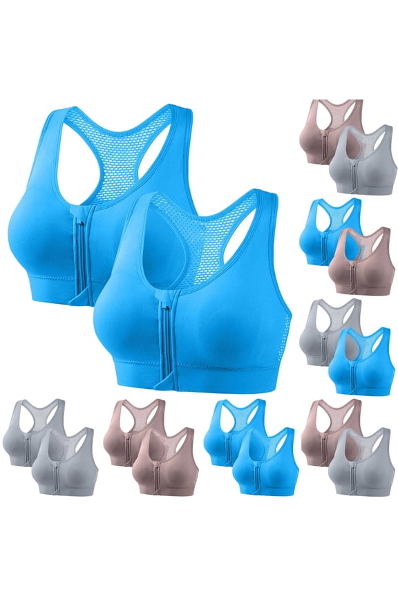 2 Pack Plus Size Sport Bras for Women Zip Front Racerback Scoop Neck Wireless Bralettes
