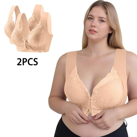 Fancifize 2 Pack Seamless Front Closure Bras for Women Full Coverage No Underwire Comfort Lace Bra Plus Siz Push Up Everyday Bra Bralettes