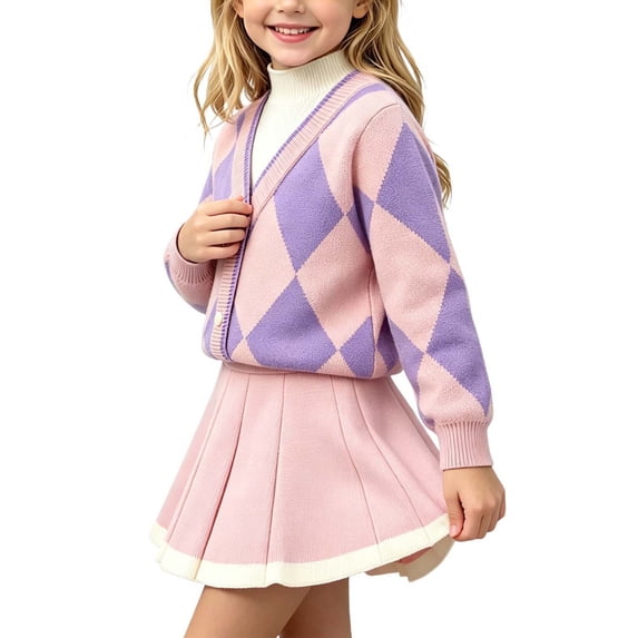 Fancifize 2 Piece Knit Outfit Set for Girls, Argyle Print Sweater and Pleated Skirt, Preppy Look Clothes Sets 1-8 Years