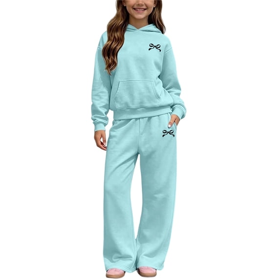 Fancifize 2 Piece Sweatsuit Set for Girls, Teens Fleece Hoodies with Pockets and Wide Leg Sweatpants, Fall Bow Print Tracksuit