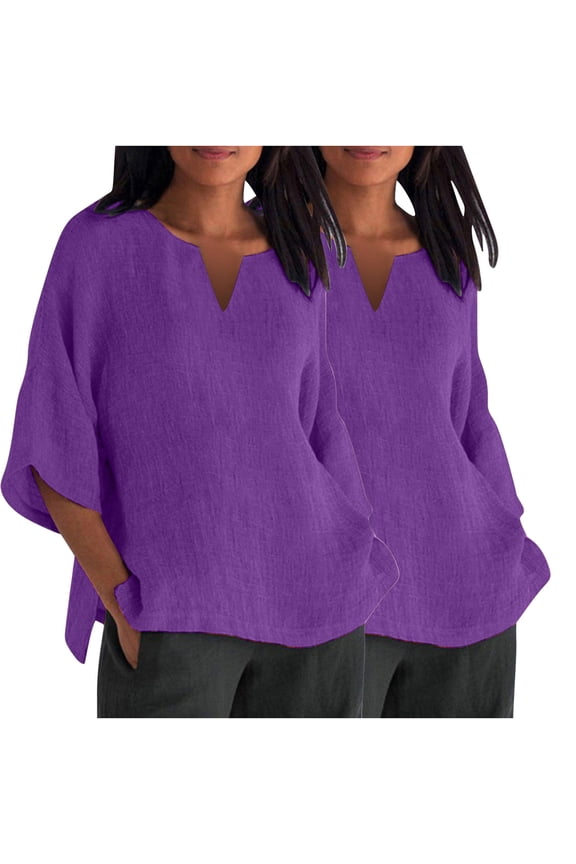 2Pack Linen Tops for Women Plus Size V Neck Loose Fit Solid Tunic Tops 2024 Summer Casual 3/4 Sleeve Side Slit Blouse Tops