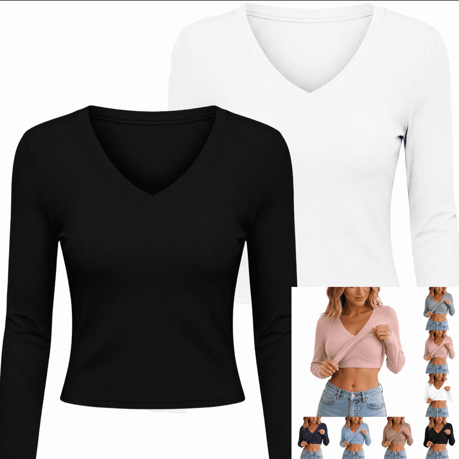 Fancifize 2Pack Ribbed Knit Long Sleeve Slim Shirts for Women, V Neck Basic Tshirts with Built in Bra, Fall Solid Color Pullover Tops