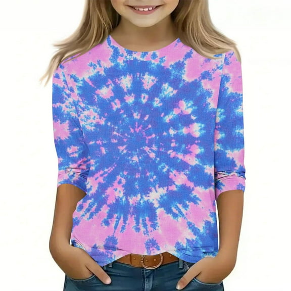 Fancifize 3/4 Length Sleeve Girls Tops Tie-Dye Print Fashion Casual Shirts Summer Round Neck Basic T Shirts for Teens