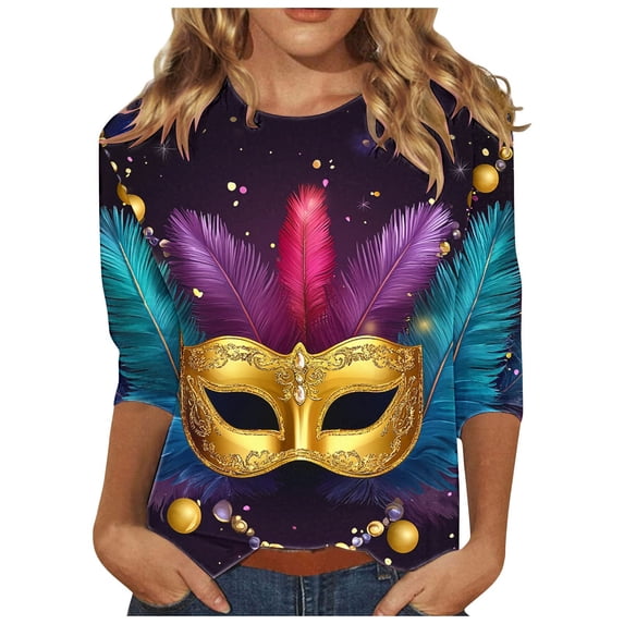 Fancifize 3/4 Sleeve Mardi Gras Tshirt Womens Fancy Holiday Tops Carnival Theme Party Shirt for Women Trendy Crewneck Graphic Tops