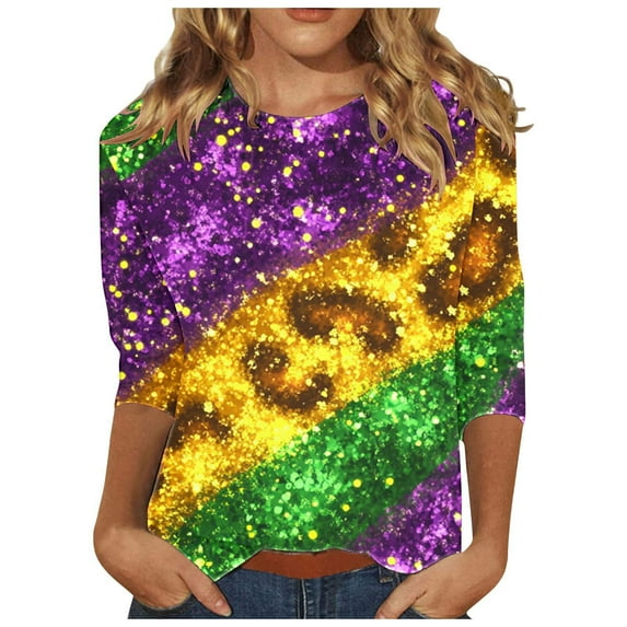 Fancifize 3/4 Sleeve Mardi Gras Tshirt Womens Fancy Holiday Tops Carnival Theme Party Shirt for Women Trendy Crewneck Graphic Tops