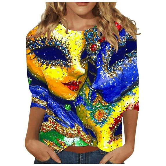Fancifize 3/4 Sleeve Mardi Gras Tshirt Womens Fancy Holiday Tops Carnival Theme Party Shirt for Women Trendy Crewneck Graphic Tops