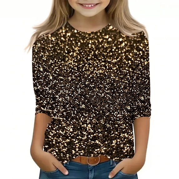 Fancifize 3/4 Sleeve Tops for Girls Fashion Summer Sparkling 3D Print Tees Shirts Trendy Teens Girls Crewneck Dressy Casual Blouses