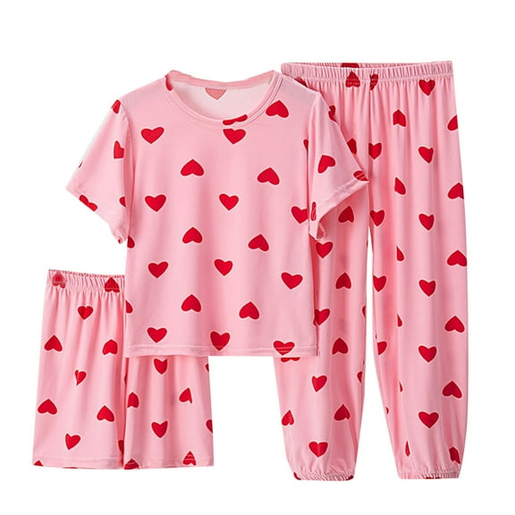 Fancifize 3-Piece Kids' Basic Pajama Set - Short Sleeve T-Shirt + Long/Short Pants for 3-16 Years Everyday Sleepwear Combo
