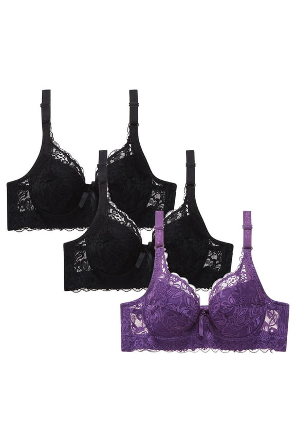 3Pack Plus Size Push Up Bras Women Wireless Padded Bra 3D Contour Cups Lace Overlay Date Night Lift Enhancement