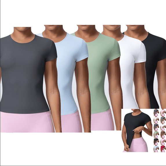 Fancifize 5 Pack Short Sleeve Yoga Tshirts for Women Crewneck Breathable Basic Workout Tees Casual Cozy Slim Tops