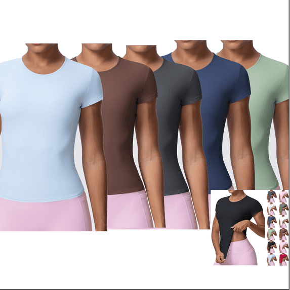 Fancifize 5 Pack Short Sleeve Yoga Tshirts for Women Crewneck Breathable Basic Workout Tees Casual Cozy Slim Tops