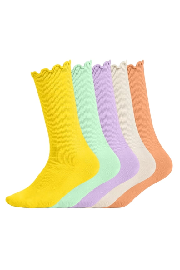 5PC Mid Socks for Teen Girls Cute Boyfriend Ribbed Ankle Socks with Lettuce Edge 6-14 Years,Pink