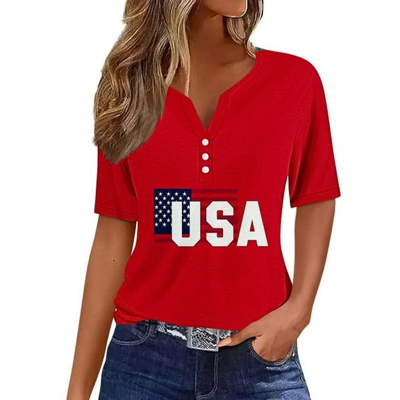 Fancifize American Flag Patriotic T-Shirt for Women 4th of July Shirts Graphic Tees USA Flag Casual Short Sleeve Shirt Tops XL,Red