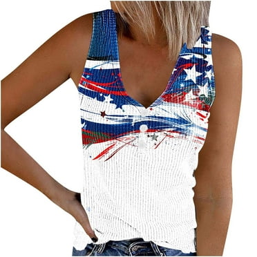 Fancifize American Flag Ribbed Tank Top Women 4th of July Patriotic Sleeveless T-shirt V Neck Basic Henley Tank Top L,White