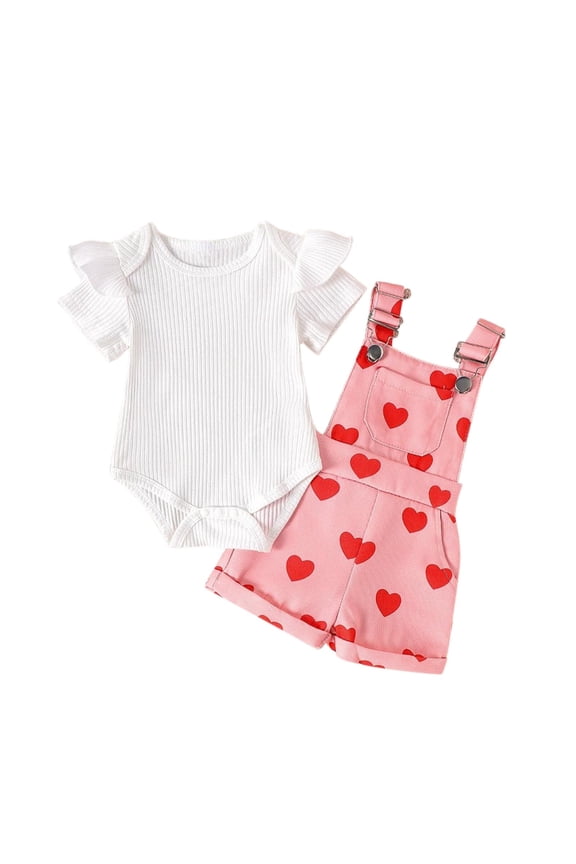 Baby Girl's Romper & Overalls Set 1M-3Y - Ruffled Sleeve Onesie + Printed Jumper Summer Playdate Outfit