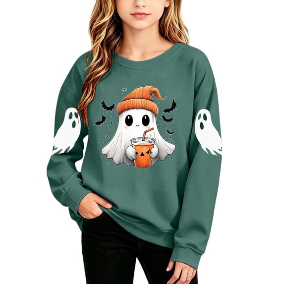 Fancifize Boys Girls Cute Ghost Graphic Fleece Sweatshirts, Halloween Holiday Print Pullover Tops for Kids 2-15 Years