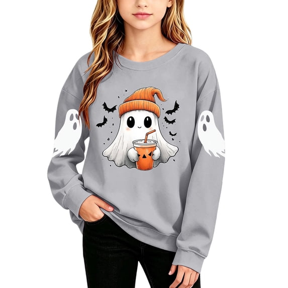 Fancifize Boys Girls Cute Ghost Graphic Fleece Sweatshirts, Halloween Holiday Print Pullover Tops for Kids 2-15 Years