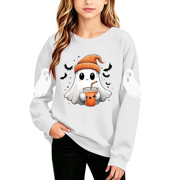 Fancifize Boys Girls Cute Ghost Graphic Fleece Sweatshirts, Halloween Holiday Print Pullover Tops for Kids 2-15 Years